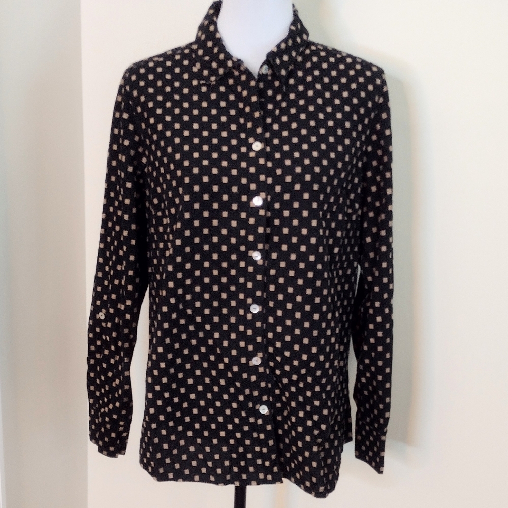 Foxcroft blouse, 100% cotton, black with tan checks, long sleeves, size 16